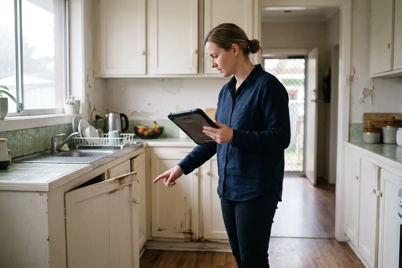 An assessor in a water-damaged kitchen noting damage on a tablet