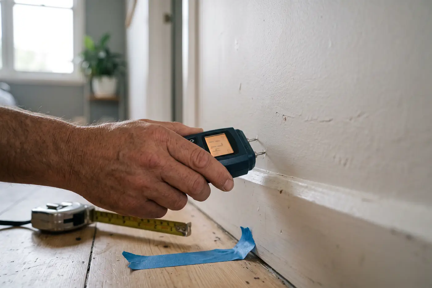 A moisture meter reading taken at the base of a plasterboard wall